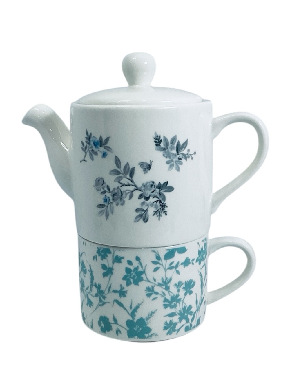 💚 Laura Ashley Stackable Ceramic Teapot + Cup Set